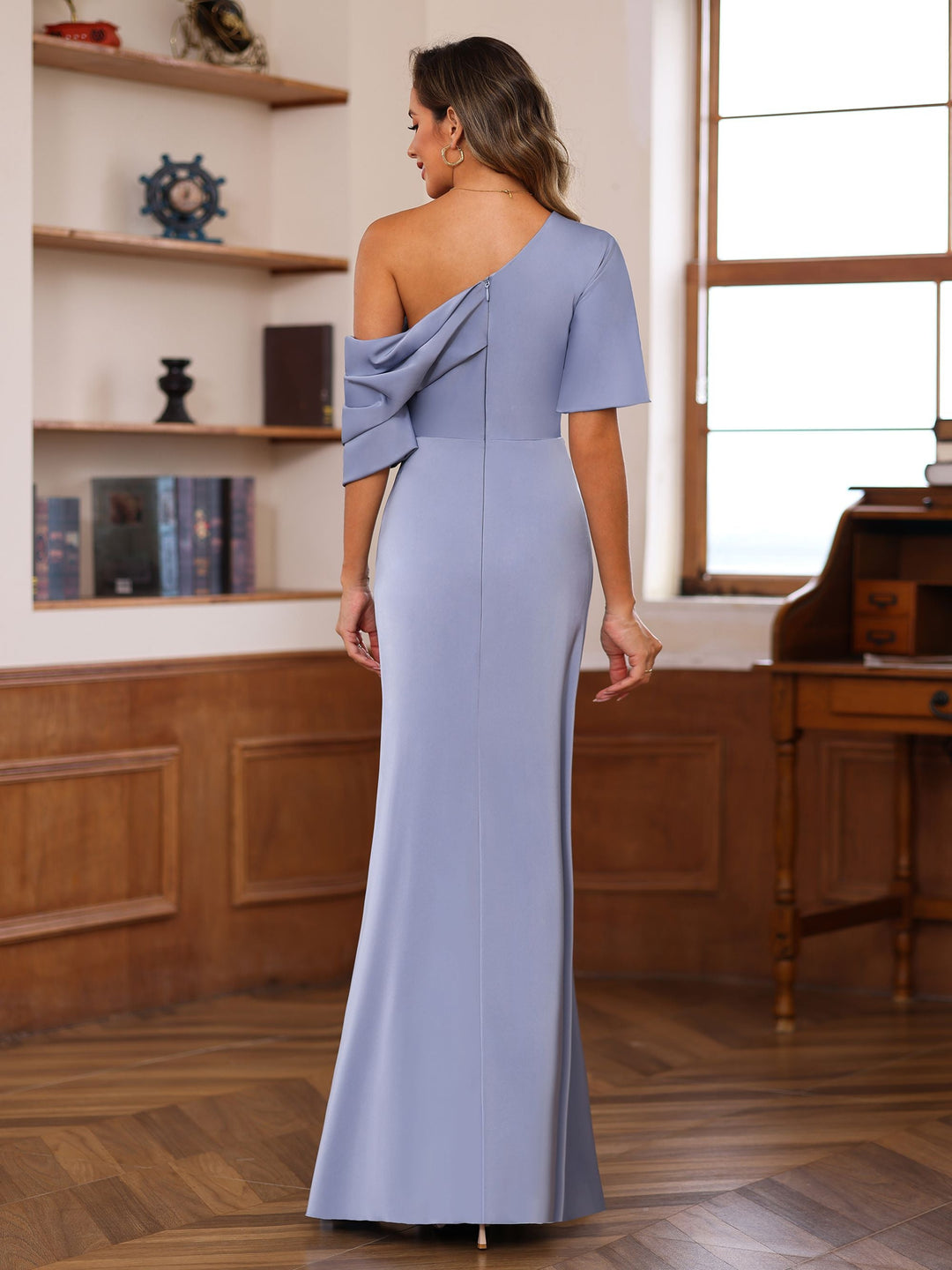 Sheath/Column One-Shoulder Half Sleeves Floor-Length Silk Satin Mother of the Bride Dresses with Ruffles