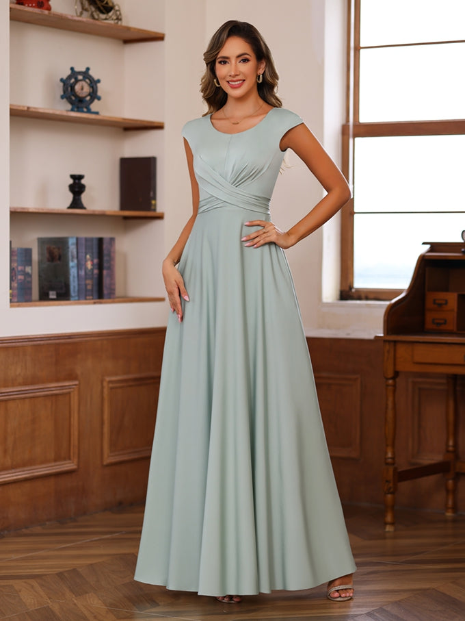 A-Line/Princess Scoop Neck Short Sleeves Floor-Length Mother of the Bride Dresses with Ruffles