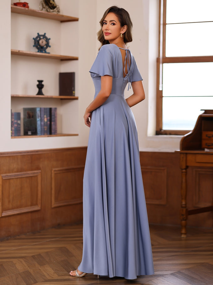 A-Line/Princess V-Neck Short Sleeves Floor-Length Mother of the Bride long Dresses with Ruffles