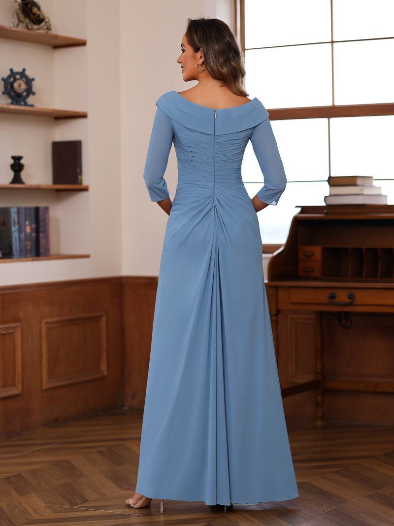 Sheath/Column V-Neck 3/4 Length Sleeves Floor-Length Unique Mother of the Bride Dresses with Ruffles & Appliques