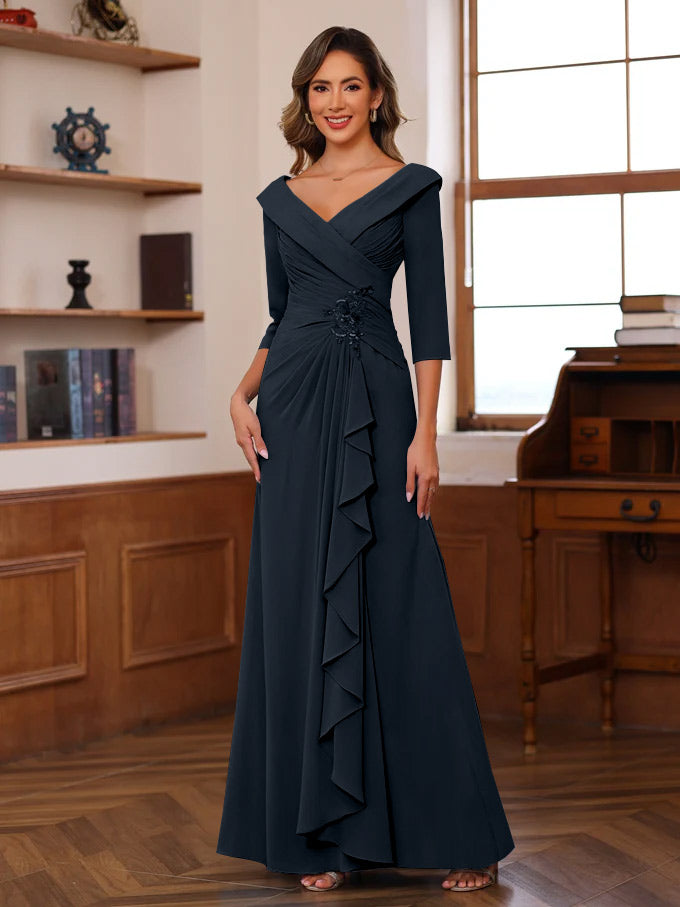 Sheath/Column V-Neck 3/4 Length Sleeves Floor-Length Unique Mother of the Bride Dresses with Ruffles & Appliques