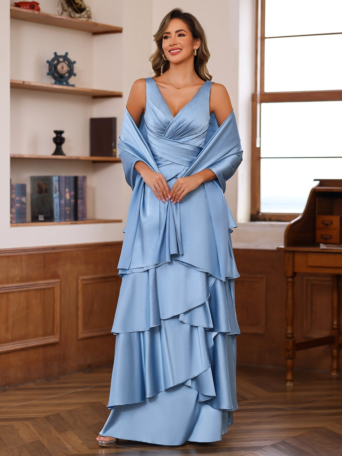 A-Line/Princess V-Neck Sleeveless Floor-Length Mother of the Bride Dresses With Ruffles & Wrap