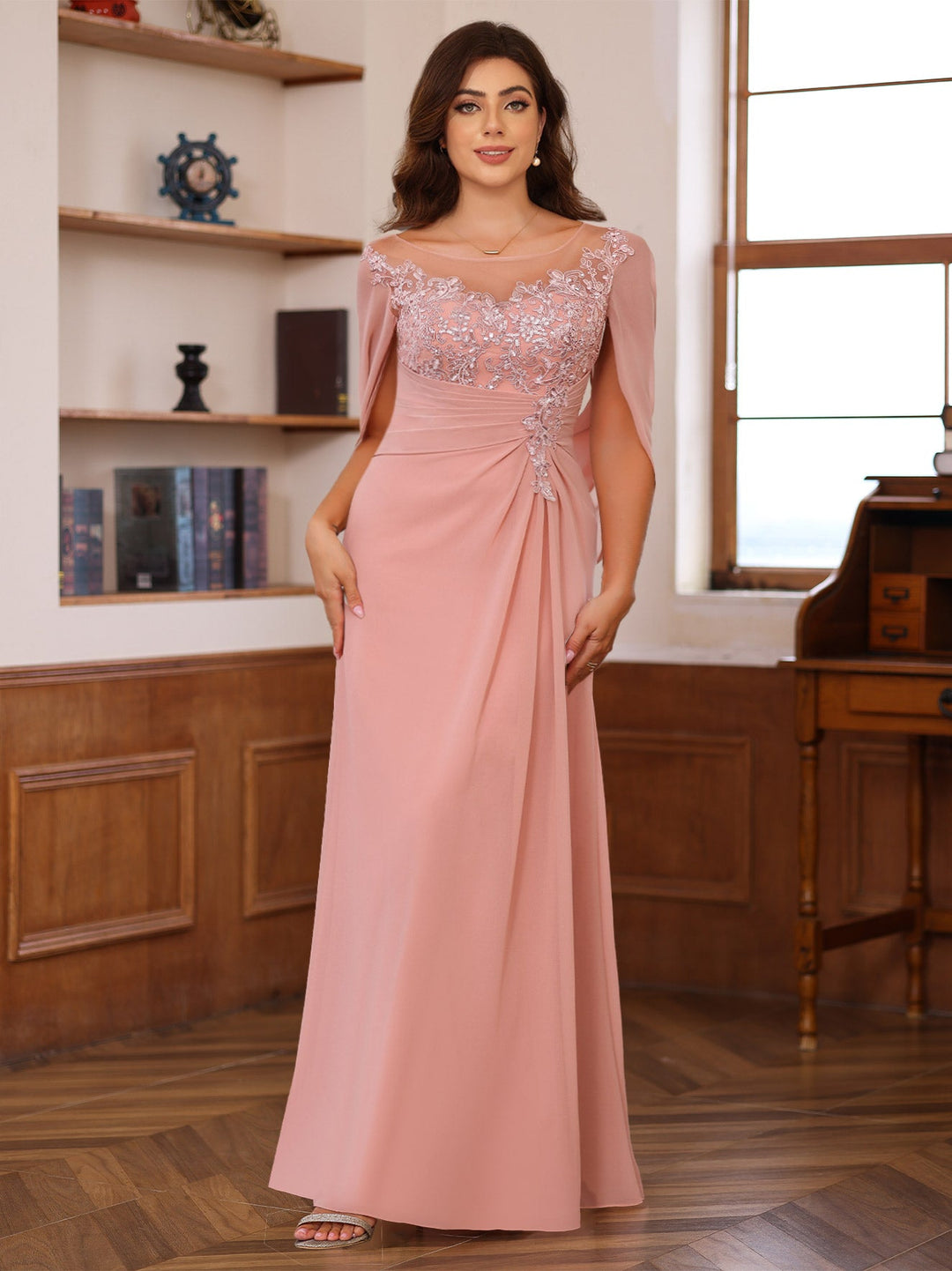 A-Line/Princess Scoop Floor-Length Mother of the Bride Outfits with Pleated & Sequins