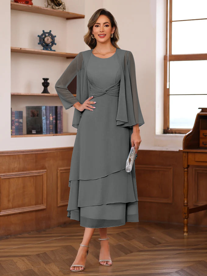 A-Line/Princess Scoop Neck 2 Pcs Tea-Length Plus Size Mother of the Bride Dresses with Ruffles & jacket