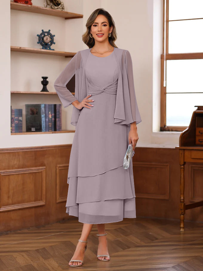 A-Line/Princess Scoop Neck 2 Pcs Tea-Length Plus Size Mother of the Bride Dresses with Ruffles & jacket