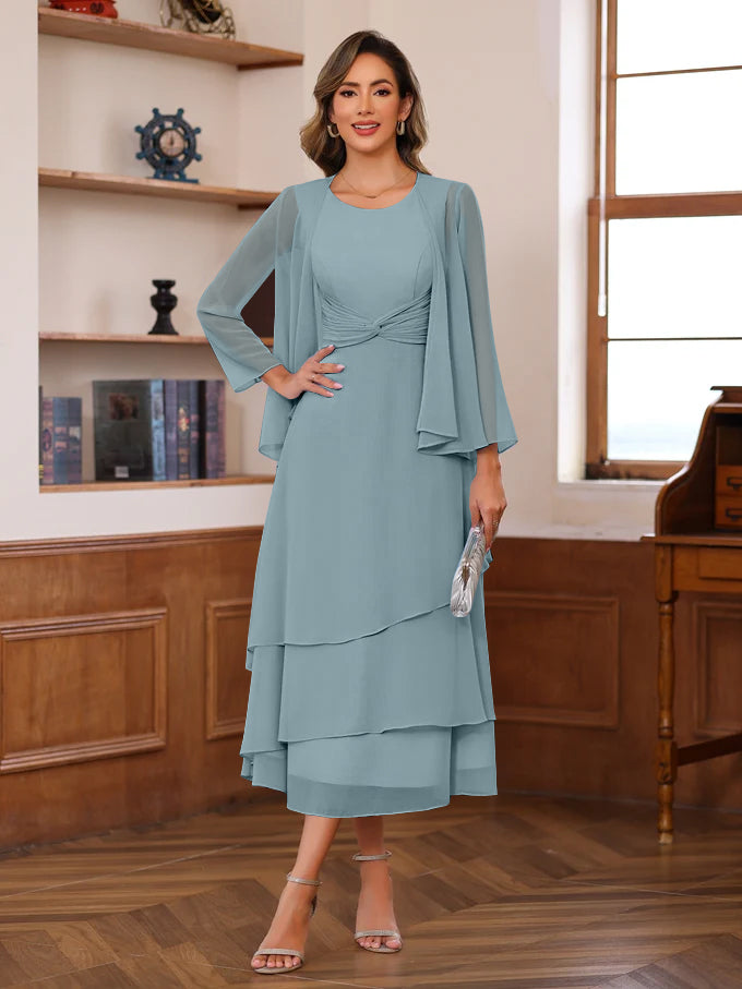 A-Line/Princess Scoop Neck 2 Pcs Tea-Length Plus Size Mother of the Bride Dresses with Ruffles & jacket