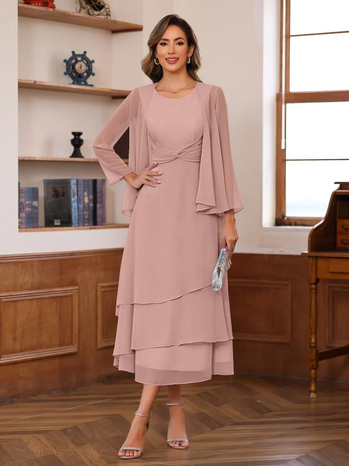 A-Line/Princess Scoop Neck 2 Pcs Tea-Length Plus Size Mother of the Bride Dresses with Ruffles & jacket