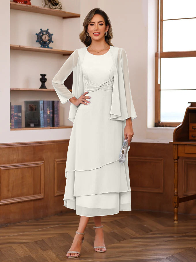 A-Line/Princess Scoop Neck 2 Pcs Tea-Length Plus Size Mother of the Bride Dresses with Ruffles & jacket