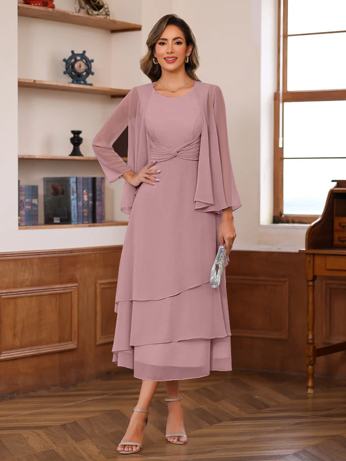 A-Line/Princess Scoop Neck 2 Pcs Tea-Length Plus Size Mother of the Bride Dresses with Ruffles & jacket