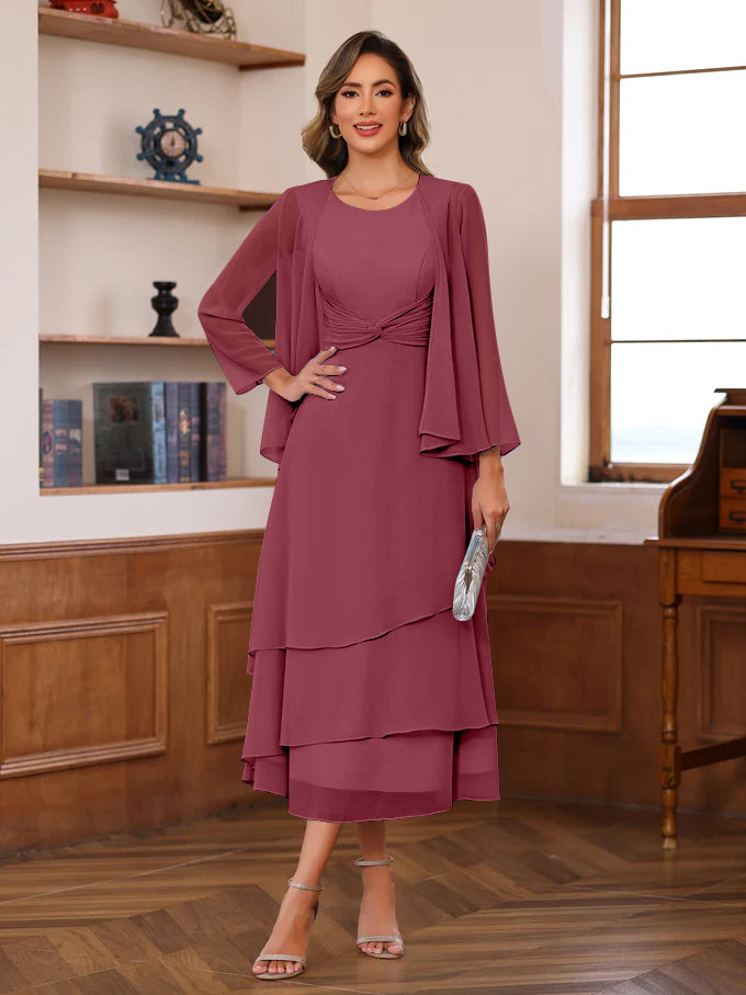 A-Line/Princess Scoop Neck 2 Pcs Tea-Length Plus Size Mother of the Bride Dresses with Ruffles & jacket