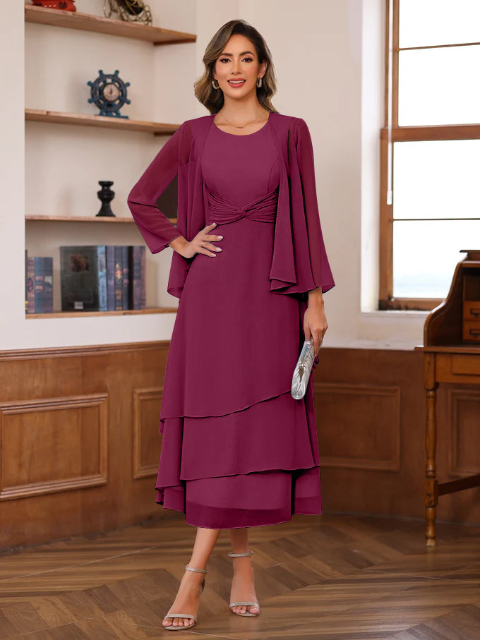 A-Line/Princess Scoop Neck 2 Pcs Tea-Length Plus Size Mother of the Bride Dresses with Ruffles & jacket