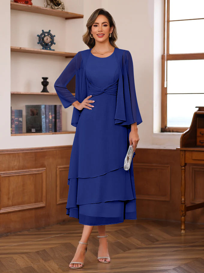 A-Line/Princess Scoop Neck 2 Pcs Tea-Length Plus Size Mother of the Bride Dresses with Ruffles & jacket