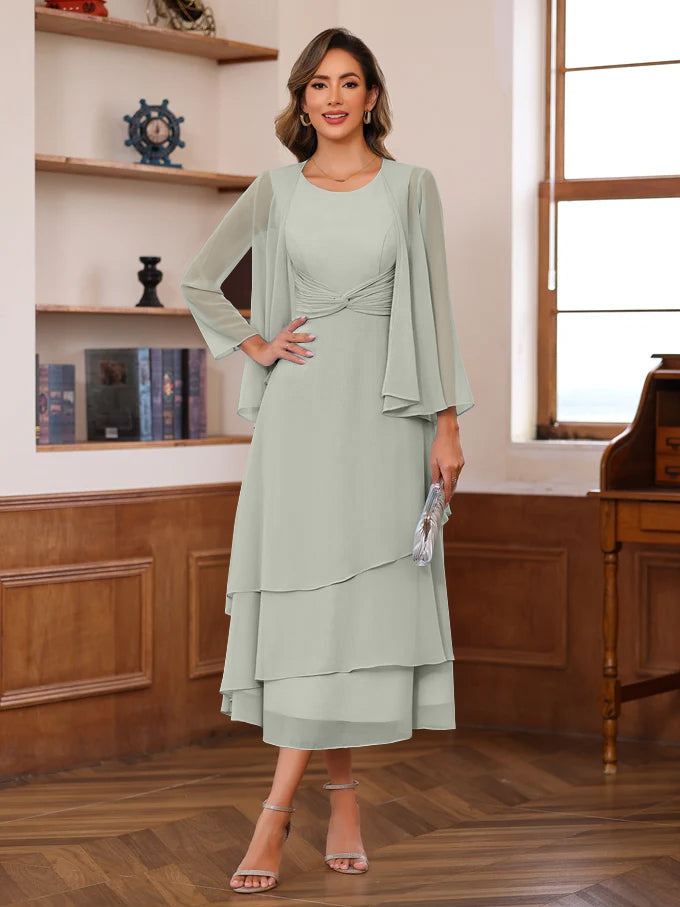 A-Line/Princess Scoop Neck 2 Pcs Tea-Length Plus Size Mother of the Bride Dresses with Ruffles & jacket