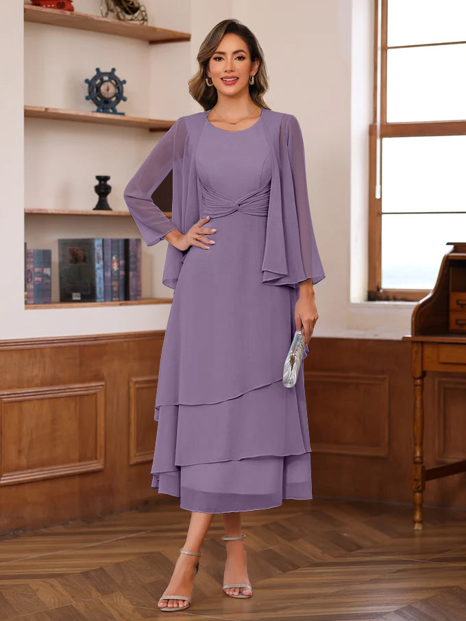 A-Line/Princess Scoop Neck 2 Pcs Tea-Length Plus Size Mother of the Bride Dresses with Ruffles & jacket