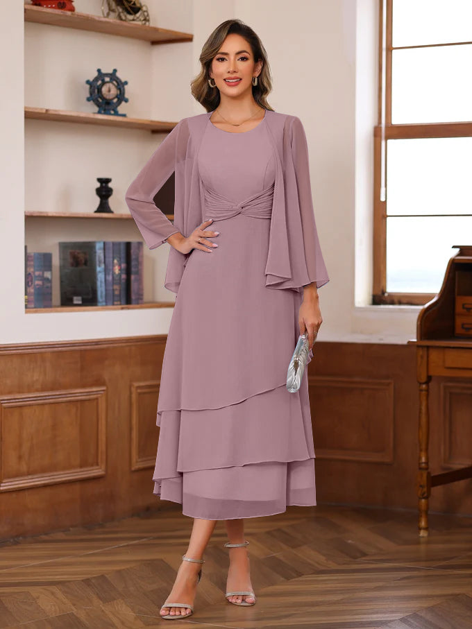 A-Line/Princess Scoop Neck 2 Pcs Tea-Length Plus Size Mother of the Bride Dresses with Ruffles & jacket