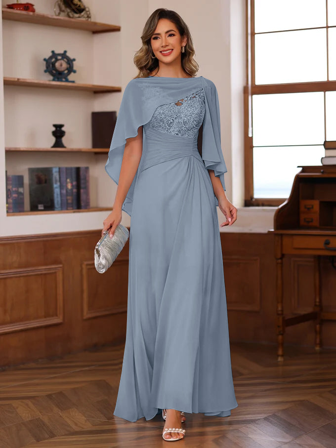 A-Line/Princess V-Neck 2 Pics Floor-Length Mother of the Bride Dresses with Appliques, Ruffles & Wrap