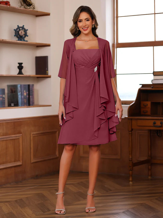 A-Line/Princess Square Neck Knee-Length Mother of the Bride Dresses With Ruffles & Jacket