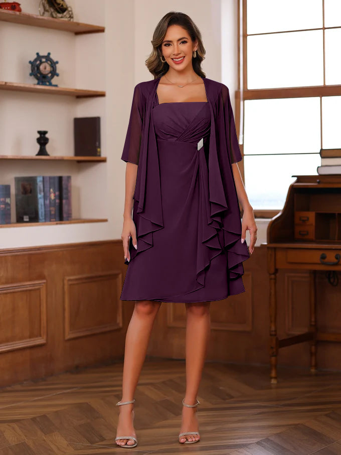A-Line/Princess Square Neck Knee-Length Mother of the Bride Dresses With Ruffles & Jacket