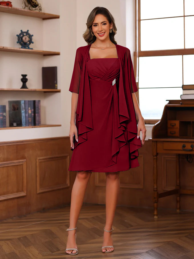 A-Line/Princess Square Neck Knee-Length Mother of the Bride Dresses With Ruffles & Jacket