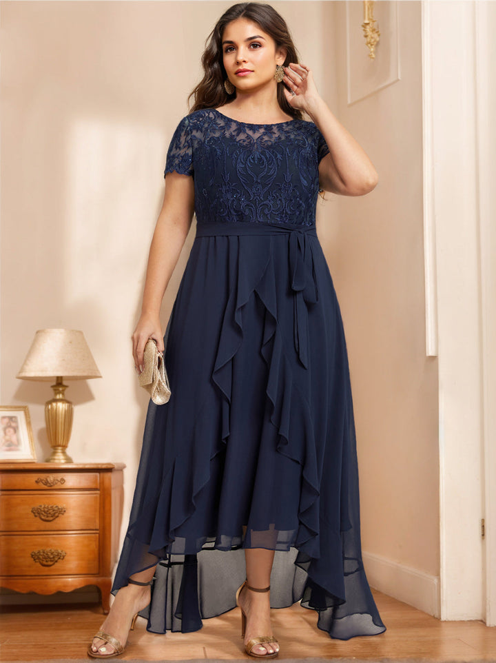 A-Line/Princess Scoop Neck Short Sleeves Asymmetrical Unique Plus Size Mother of the Bride Dresses with Bow, Ruffles & Sequins