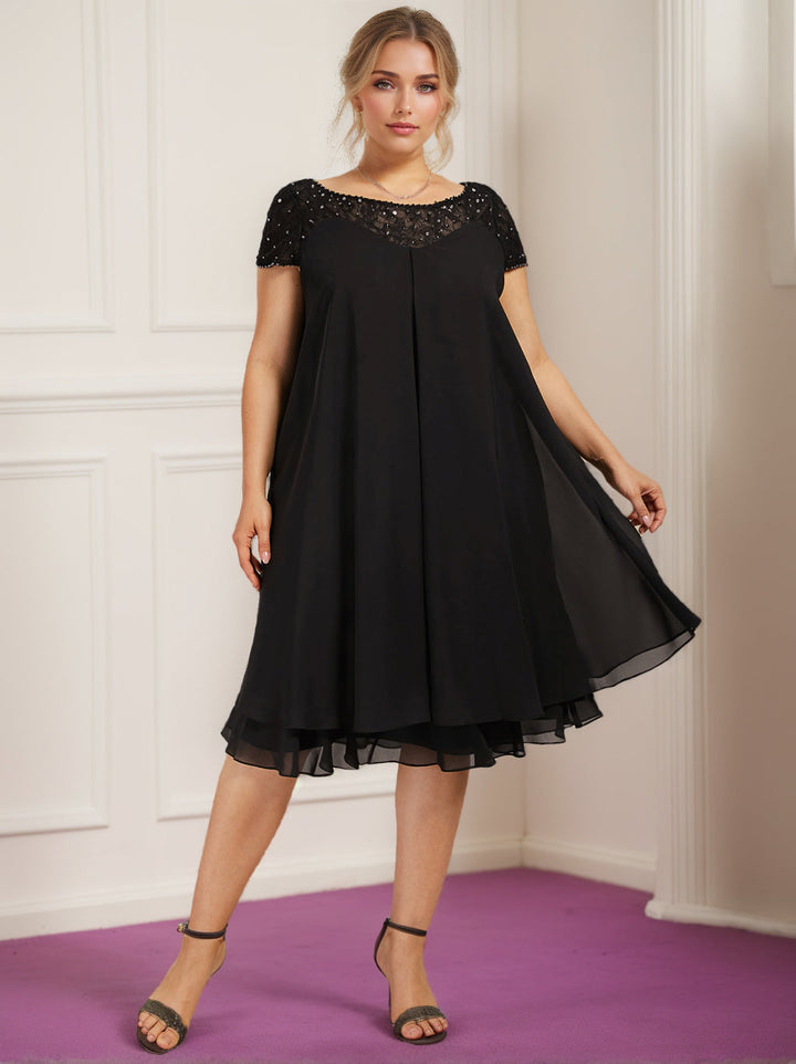 A-Line/Princess Scoop Illusion Neck Short Sleeves Knee-Length Plus Size Mother of the Bride Dresses with Beads & Sequins