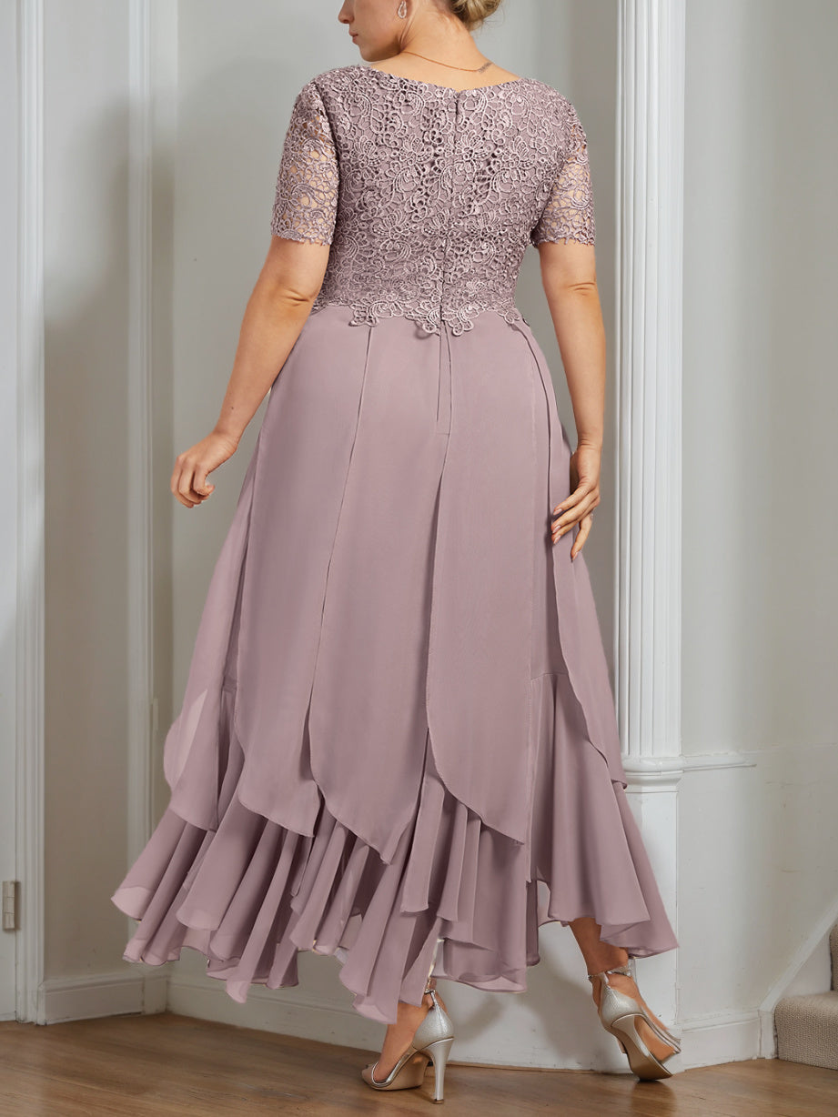 A-Line/Princess Round Neck Short Sleeves Ankle-Length Plus Size Mother of the Bride Dress with Cascading Ruffles