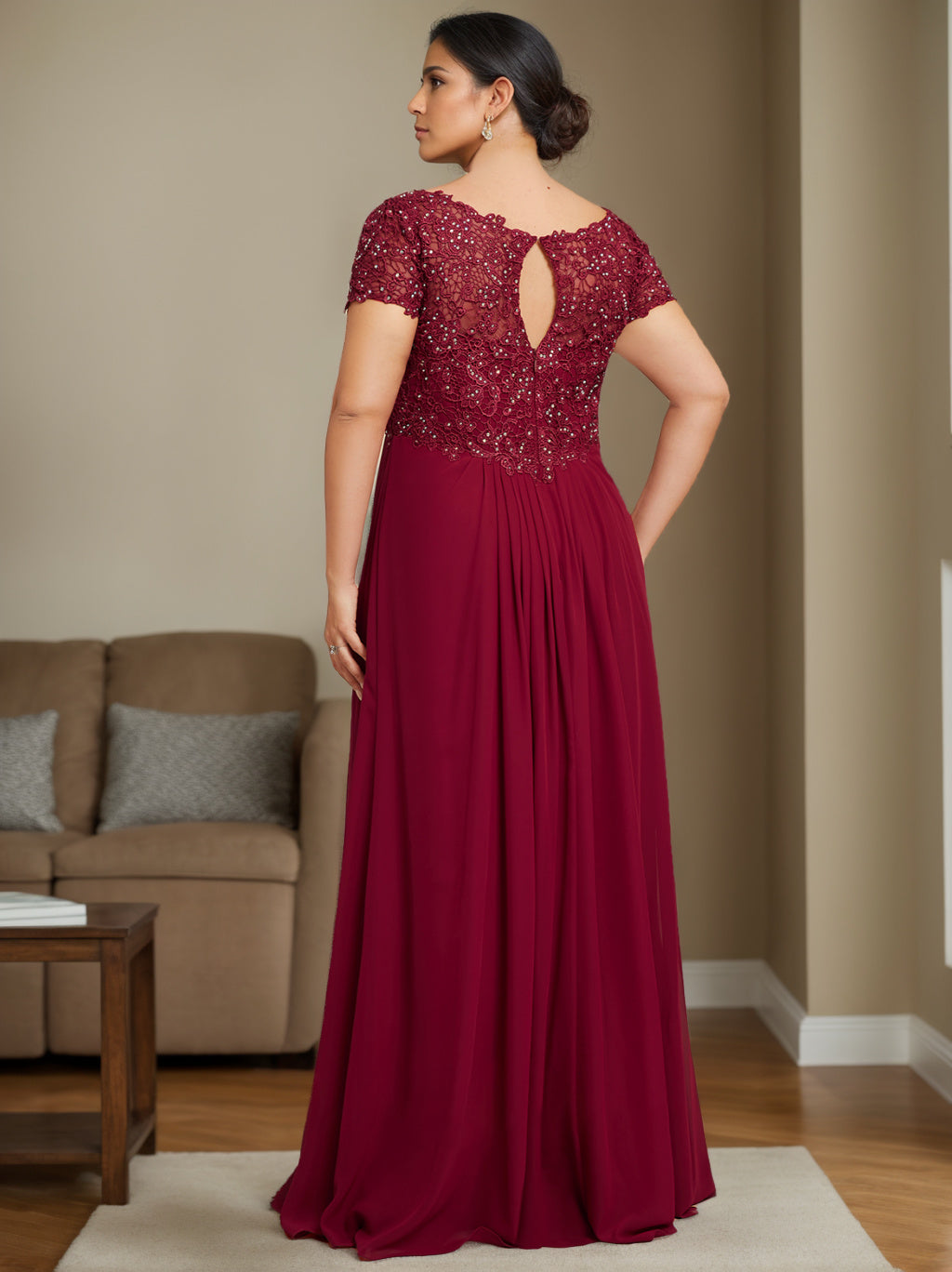 A-Line/Princess V-Neck Short Sleeves Floor-Length Plus Size Unique Mother Of The Bride Dresses with Rhinestone, Pleated