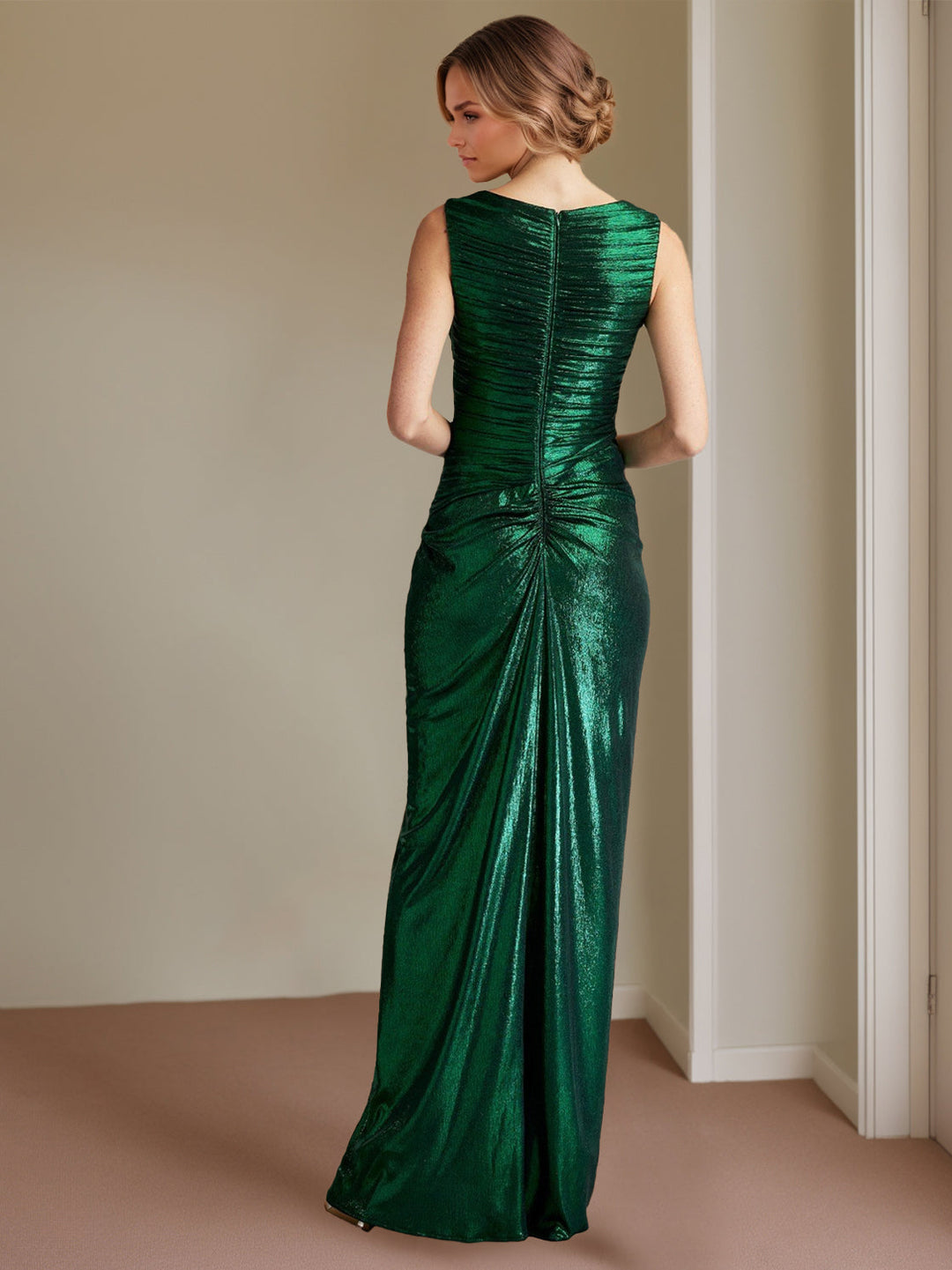 Sheath/Column Asymmetric Neck Sleeveless Floor-Length Prom Evening Dresses with Split Side & Ruffles