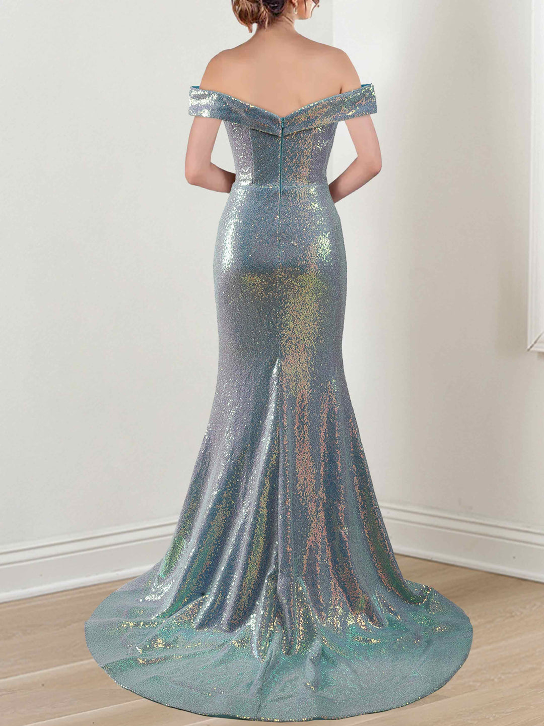 Mermaid/Trumpet Off-the-Shoulder Sleeveless Floor-Length Long Mother of the Bride Dresses with Split Side,Sequins & Ruffles