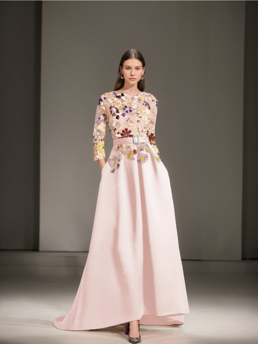 A-Line/Princess Scoop 3/4 Sleeves Asymmetrical Mother of the Bride Dresses with Appliques Lace