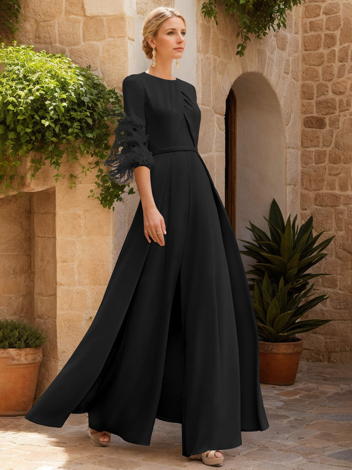 Jewel Neck Half Sleeves Ankle-Length Mother Of The Bride Pantsuits With Feathers