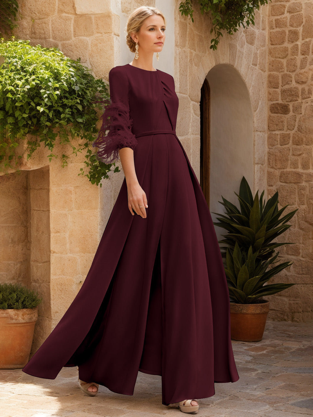 Jewel Neck Half Sleeves Ankle-Length Mother Of The Bride Pantsuits With Feathers