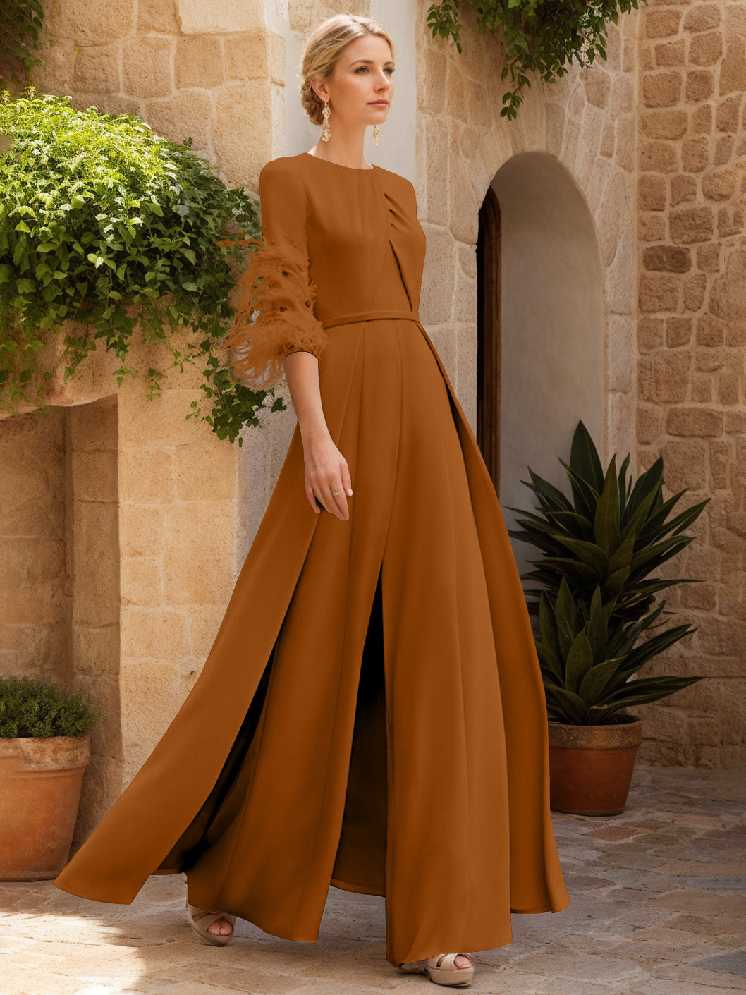 Jewel Neck Half Sleeves Ankle-Length Mother Of The Bride Pantsuits With Feathers