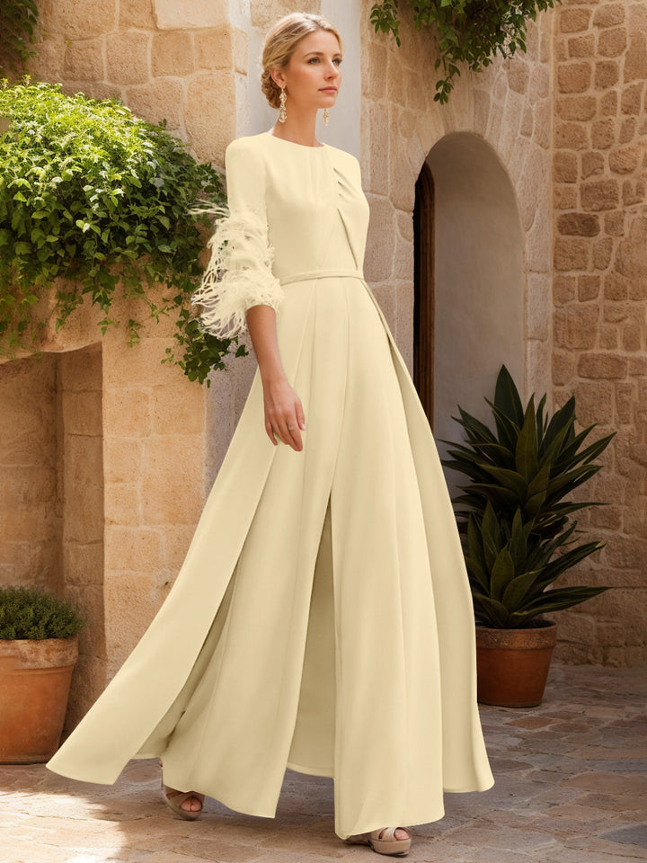 Jewel Neck Half Sleeves Ankle-Length Mother Of The Bride Pantsuits With Feathers