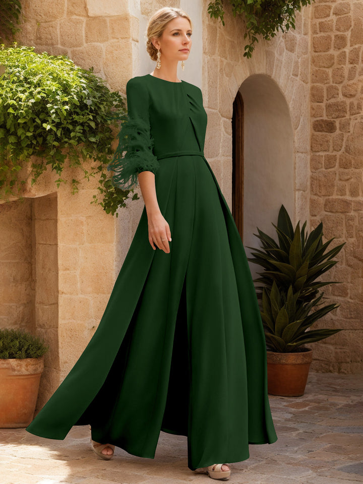 Jewel Neck Half Sleeves Ankle-Length Mother Of The Bride Pantsuits With Feathers