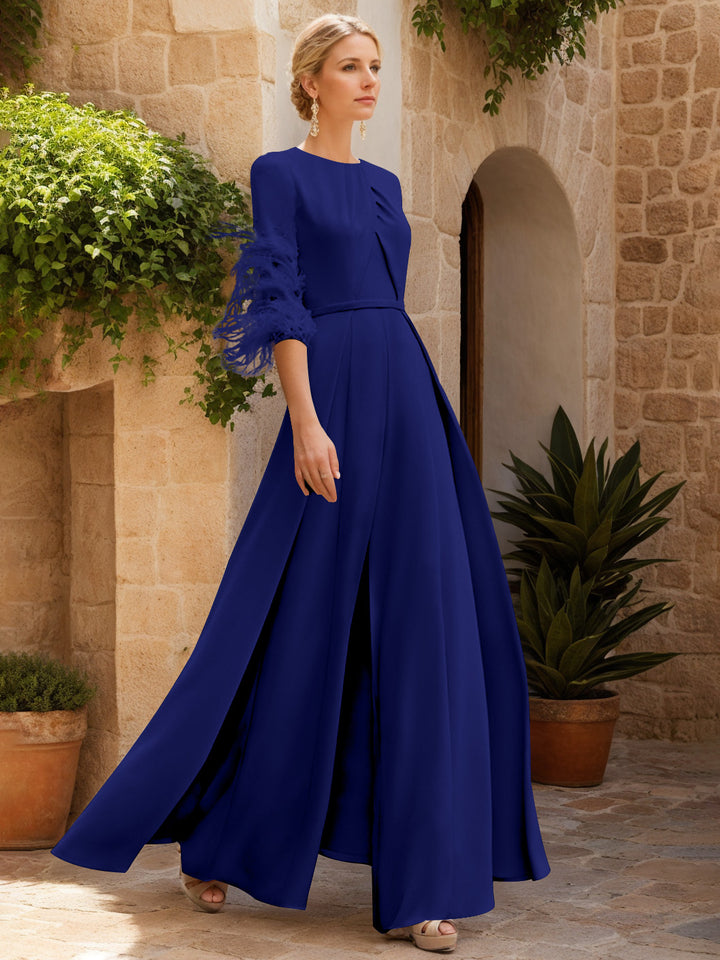 Jewel Neck Half Sleeves Ankle-Length Mother Of The Bride Pantsuits With Feathers