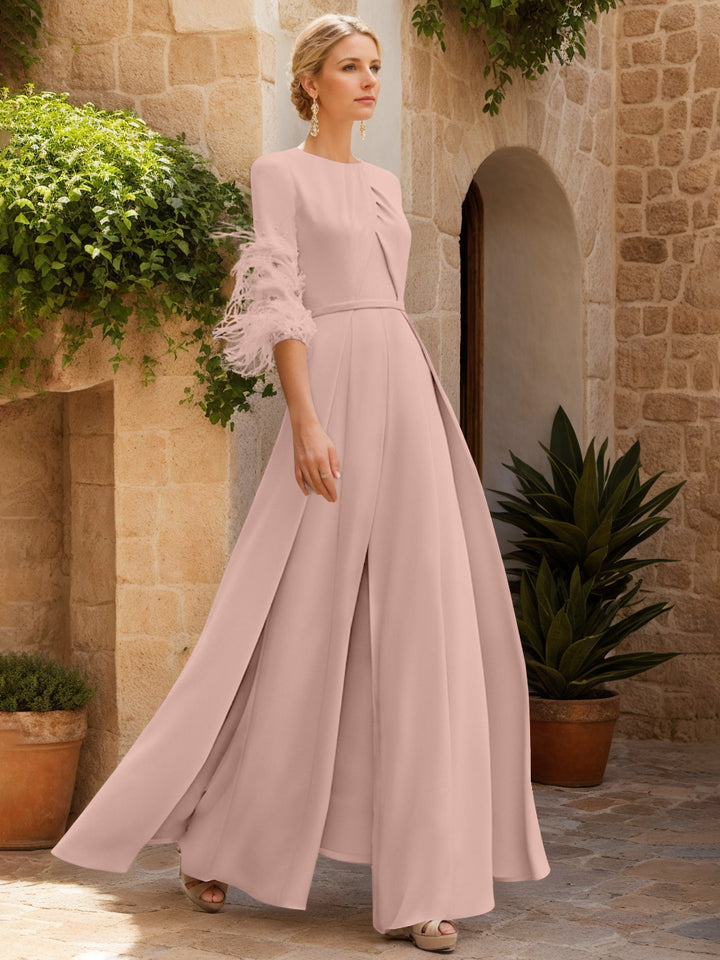 Jewel Neck Half Sleeves Ankle-Length Mother Of The Bride Pantsuits With Feathers
