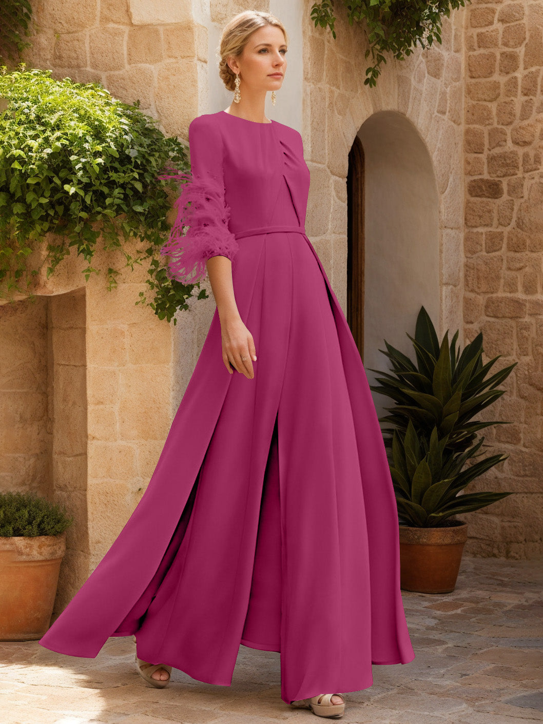 Jewel Neck Half Sleeves Ankle-Length Mother Of The Bride Pantsuits With Feathers