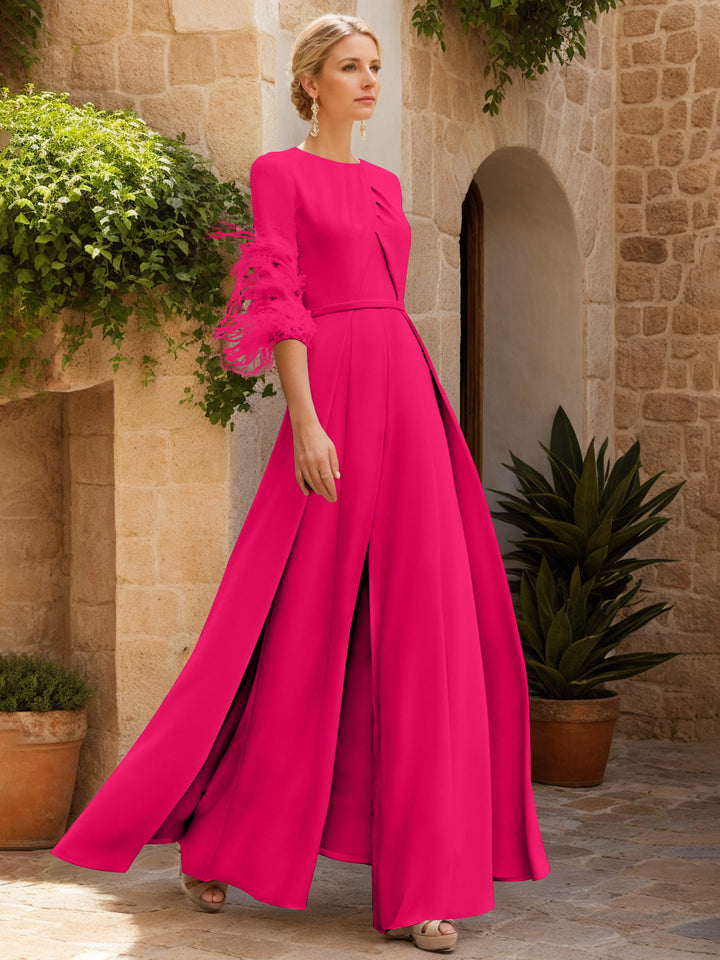Jewel Neck Half Sleeves Ankle-Length Mother Of The Bride Pantsuits With Feathers
