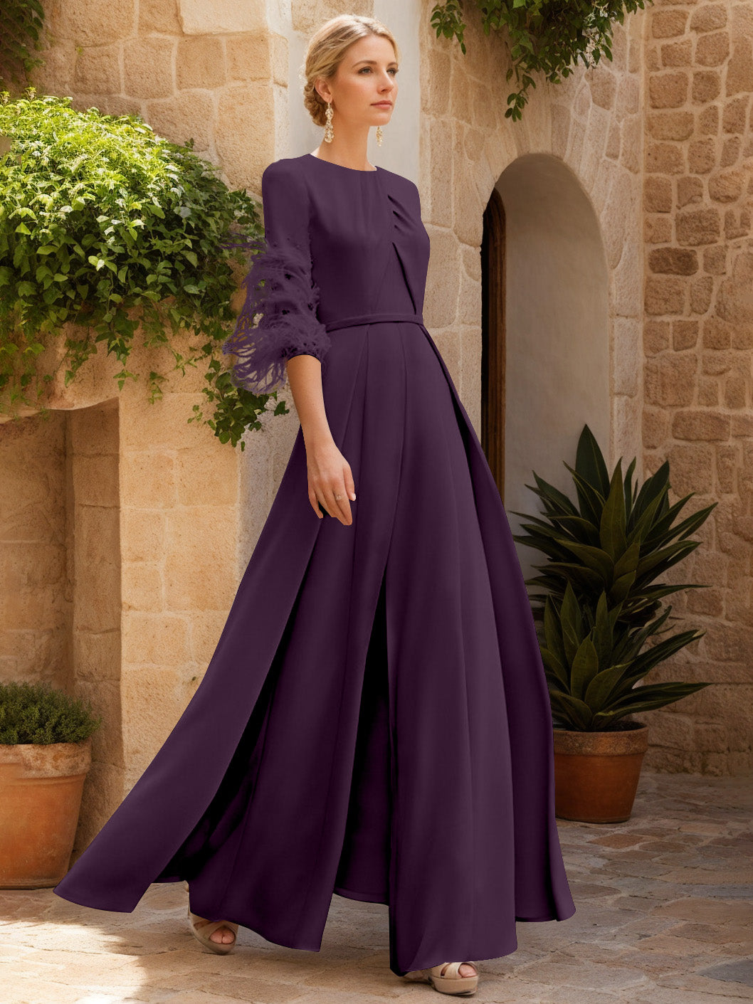 Jewel Neck Half Sleeves Ankle-Length Mother Of The Bride Pantsuits With Feathers