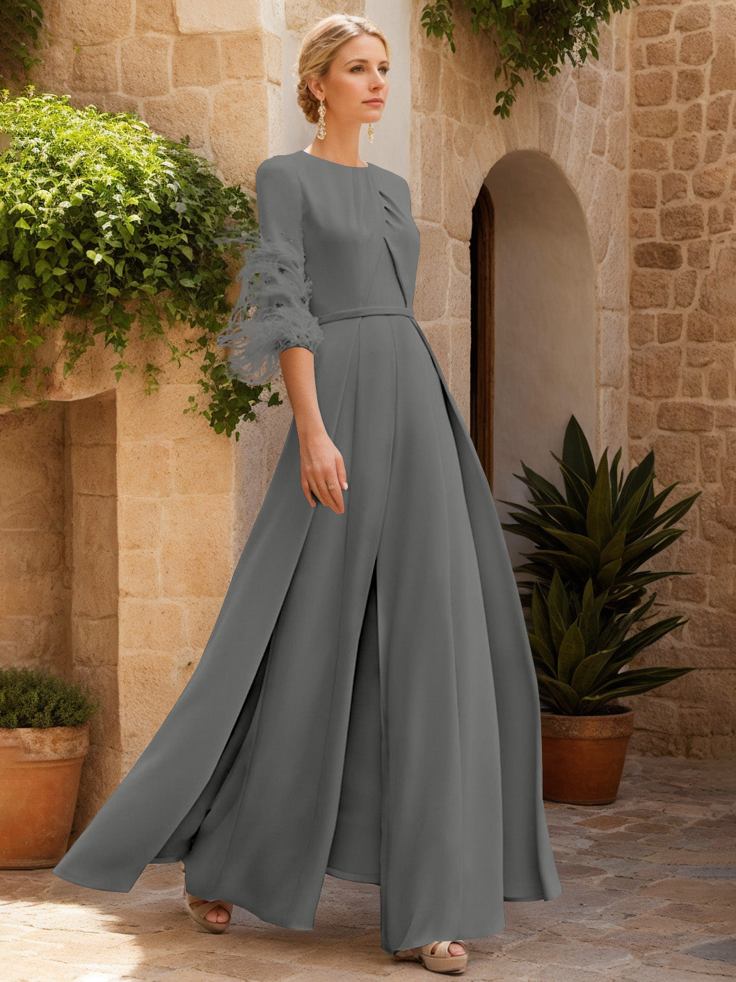 Jewel Neck Half Sleeves Ankle-Length Mother Of The Bride Pantsuits With Feathers