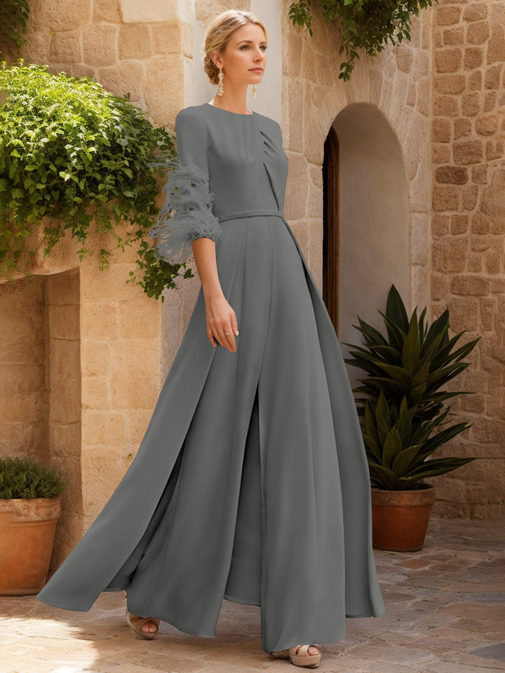 Jewel Neck Half Sleeves Ankle-Length Mother Of The Bride Pantsuits With Feathers
