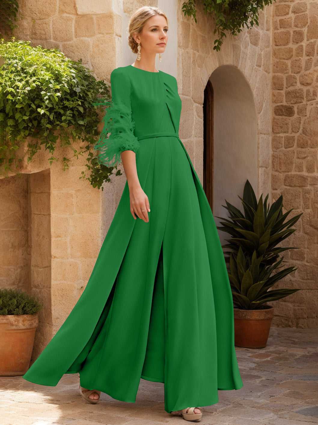 Jewel Neck Half Sleeves Ankle-Length Mother Of The Bride Pantsuits With Feathers