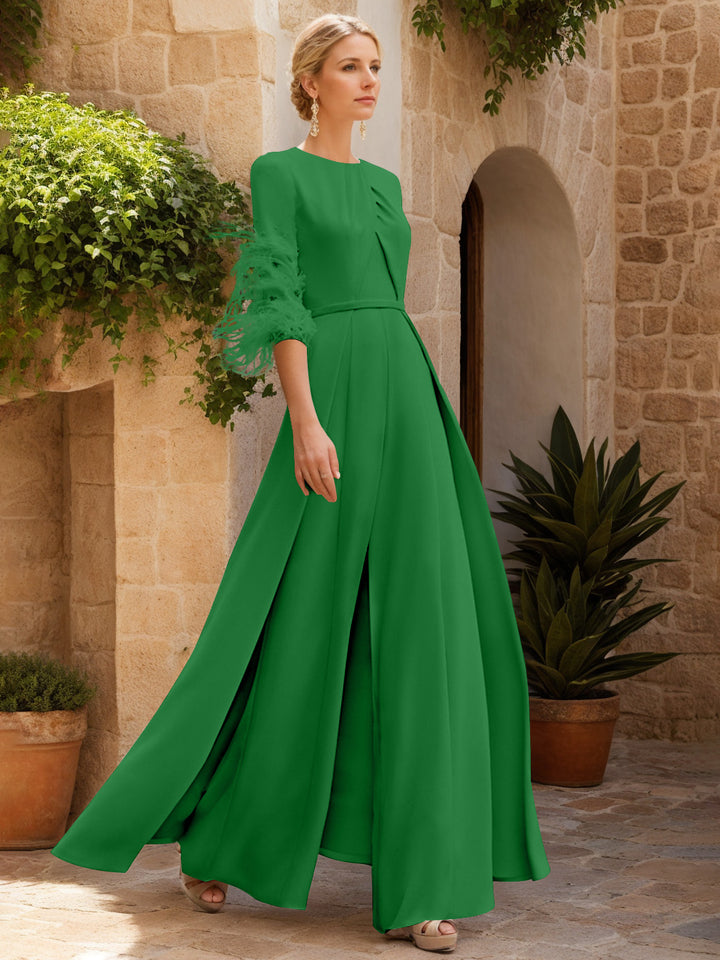Jewel Neck Half Sleeves Ankle-Length Mother Of The Bride Pantsuits With Feathers