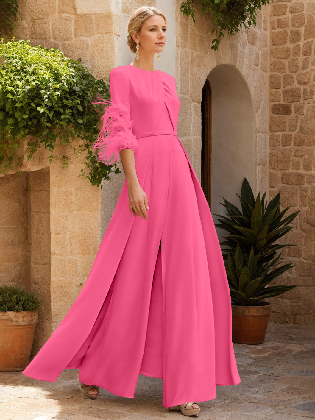 Jewel Neck Half Sleeves Ankle-Length Mother Of The Bride Pantsuits With Feathers
