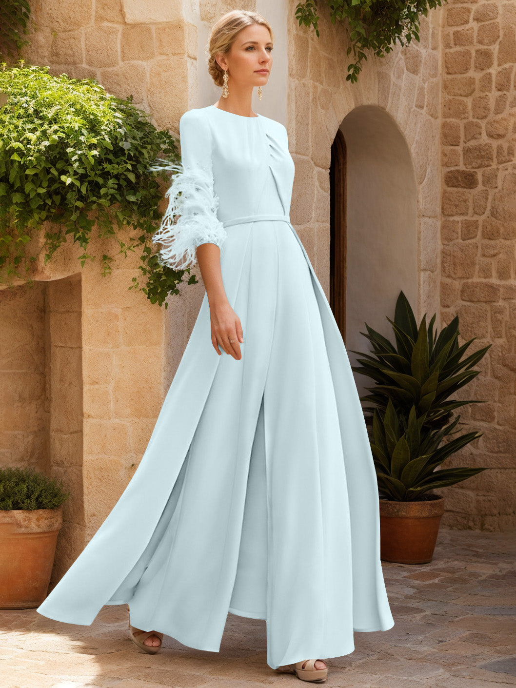 Jewel Neck Half Sleeves Ankle-Length Mother Of The Bride Pantsuits With Feathers