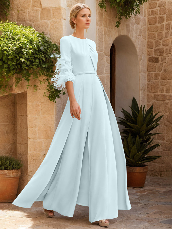 Jewel Neck Half Sleeves Ankle-Length Mother Of The Bride Pantsuits With Feathers