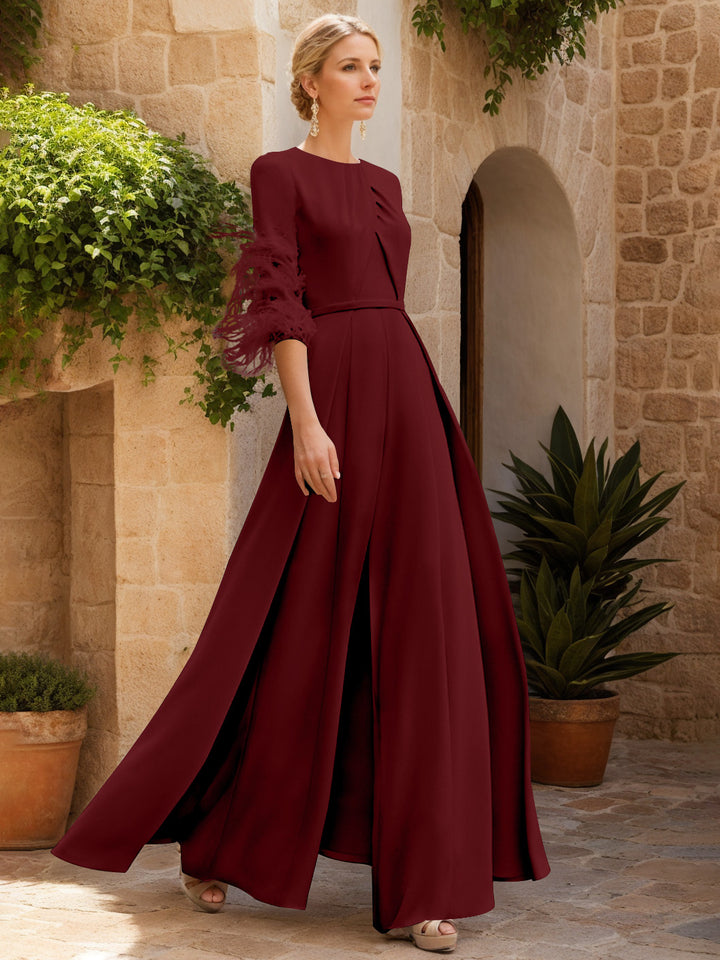 Jewel Neck Half Sleeves Ankle-Length Mother Of The Bride Pantsuits With Feathers