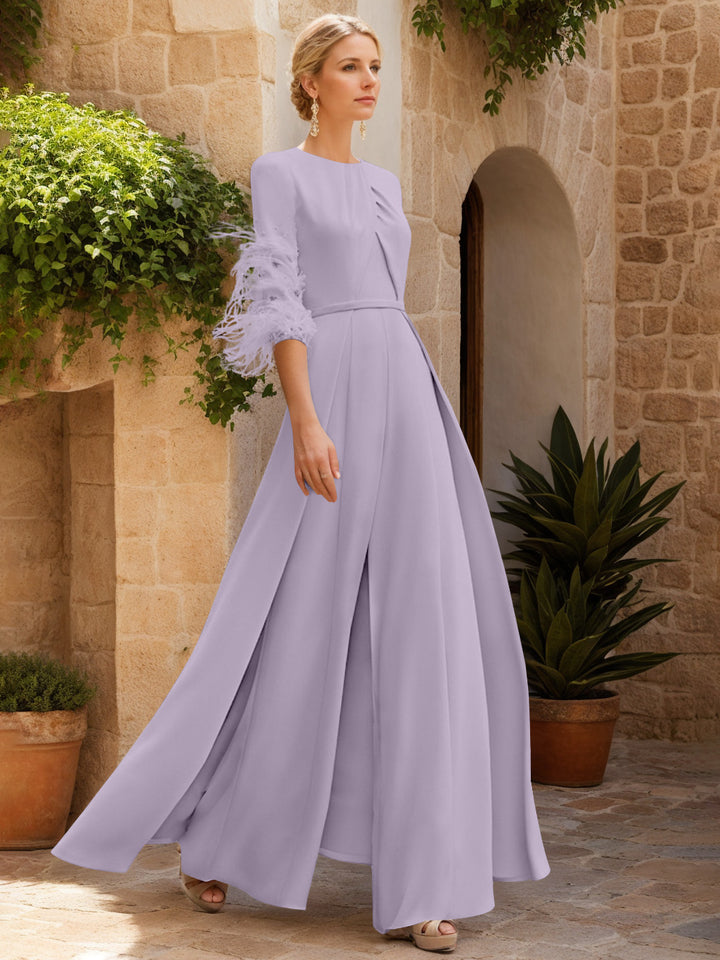 Jewel Neck Half Sleeves Ankle-Length Mother Of The Bride Pantsuits With Feathers