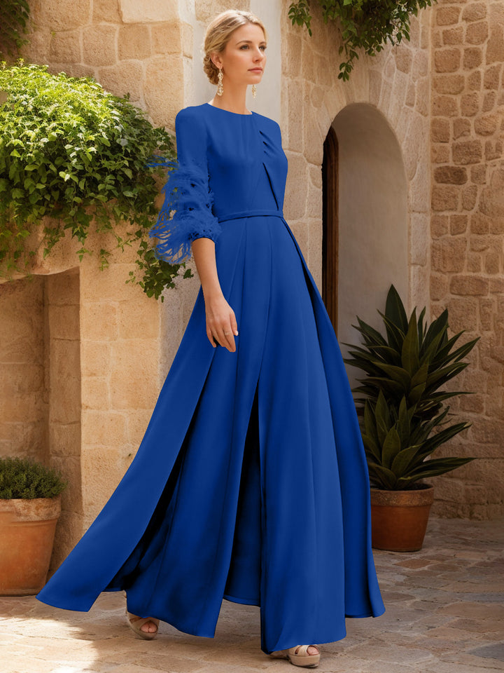 Jewel Neck Half Sleeves Ankle-Length Mother Of The Bride Pantsuits With Feathers